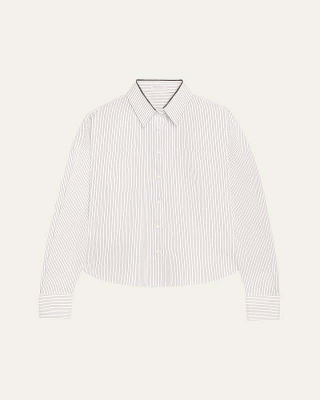 Striped Poplin Crop Button-Down Shirt With Monili Coll